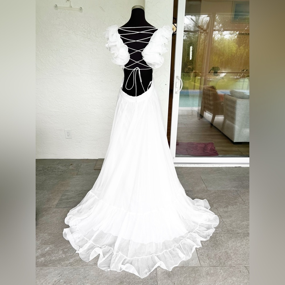 Mac Duggal White Ruffle Rosette Tiered Cut Out Chiffon 67911 Maxi Dress Wedding - Picture 6 of 8